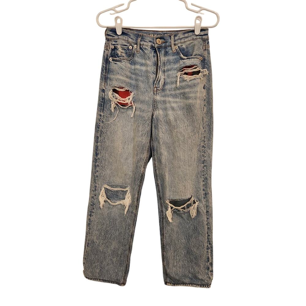 American Eagle Light Wash Denim Highest Rise 90s Boyfriend Distressed Jeans Sz 4